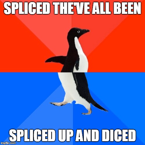 Socially Awesome Awkward Penguin Meme | SPLICED THE'VE ALL BEEN; SPLICED UP AND DICED | image tagged in memes,socially awesome awkward penguin | made w/ Imgflip meme maker