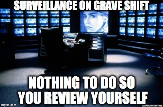 Stalker Claus | SURVEILLANCE ON GRAVE SHIFT; NOTHING TO DO SO YOU REVIEW YOURSELF | image tagged in stalker claus | made w/ Imgflip meme maker