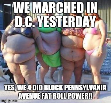 fat chicks | WE MARCHED IN D.C. YESTERDAY; YES, WE 4 DID BLOCK PENNSYLVANIA AVENUE
FAT ROLL POWER!! | image tagged in fat chicks | made w/ Imgflip meme maker