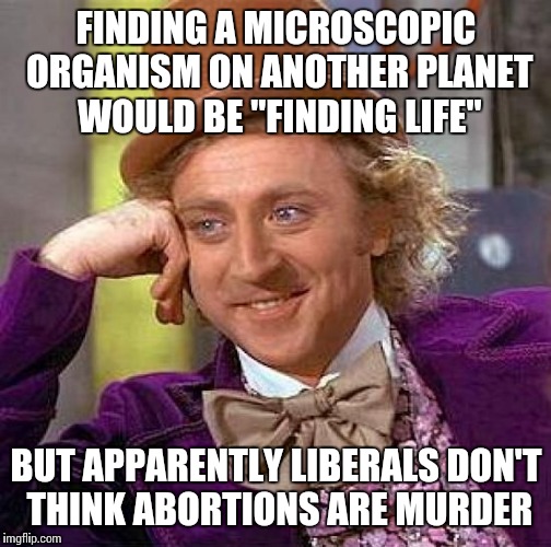 Creepy Condescending Wonka Meme | FINDING A MICROSCOPIC ORGANISM ON ANOTHER PLANET WOULD BE "FINDING LIFE" BUT APPARENTLY LIBERALS DON'T THINK ABORTIONS ARE MURDER | image tagged in memes,creepy condescending wonka | made w/ Imgflip meme maker