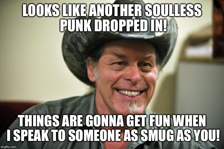 Another Soulless Punk Dropped In! | LOOKS LIKE ANOTHER SOULLESS PUNK DROPPED IN! THINGS ARE GONNA GET FUN WHEN I SPEAK TO SOMEONE AS SMUG AS YOU! | image tagged in ted nugent,memes,funny,politics,conservative,nra | made w/ Imgflip meme maker