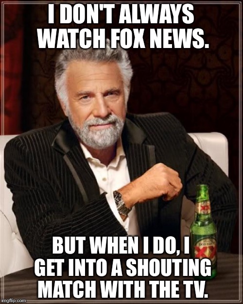 Most Interesting Man on Fox News | I DON'T ALWAYS WATCH FOX NEWS. BUT WHEN I DO, I GET INTO A SHOUTING MATCH WITH THE TV. | image tagged in memes,the most interesting man in the world,fox news | made w/ Imgflip meme maker