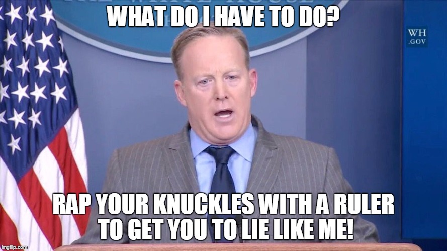 Sean Spicer | WHAT DO I HAVE TO DO? RAP YOUR KNUCKLES WITH A RULER TO GET YOU TO LIE LIKE ME! | image tagged in sean spicer | made w/ Imgflip meme maker