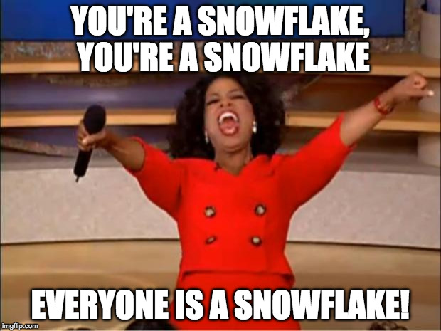 Oprah You Get A Meme | YOU'RE A SNOWFLAKE, YOU'RE A SNOWFLAKE; EVERYONE IS A SNOWFLAKE! | image tagged in memes,oprah you get a | made w/ Imgflip meme maker