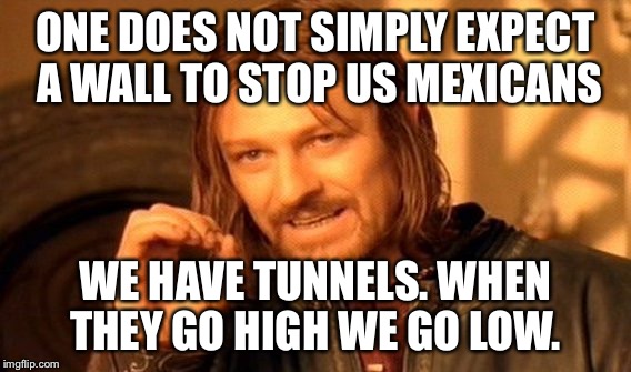 One Does Not Simply | ONE DOES NOT SIMPLY EXPECT A WALL TO STOP US MEXICANS; WE HAVE TUNNELS. WHEN THEY GO HIGH WE GO LOW. | image tagged in memes,one does not simply | made w/ Imgflip meme maker