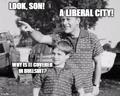Look Son | LOOK, SON! A LIBERAL CITY! WHY IS IT COVERED IN BULLSHIT? | image tagged in memes,look son | made w/ Imgflip meme maker