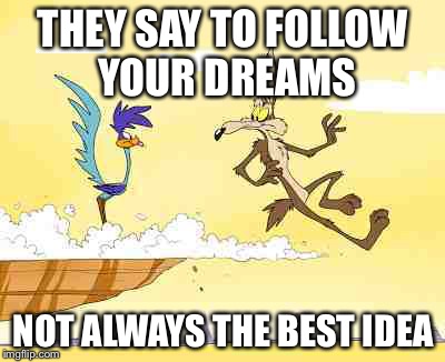 Wile E. Coyote roadrunner | THEY SAY TO FOLLOW YOUR DREAMS; NOT ALWAYS THE BEST IDEA | image tagged in wile e coyote roadrunner | made w/ Imgflip meme maker