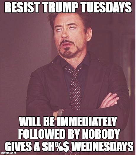 Face You Make Robert Downey Jr | RESIST TRUMP TUESDAYS; WILL BE IMMEDIATELY FOLLOWED BY NOBODY GIVES A SH%$ WEDNESDAYS | image tagged in memes,face you make robert downey jr | made w/ Imgflip meme maker