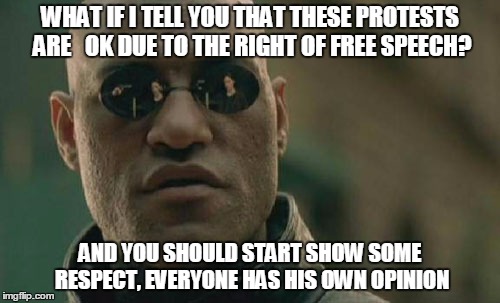 Free speech? | WHAT IF I TELL YOU THAT THESE PROTESTS ARE   OK DUE TO THE RIGHT OF FREE SPEECH? AND YOU SHOULD START SHOW SOME RESPECT, EVERYONE HAS HIS OWN OPINION | image tagged in memes,matrix morpheus,donald trump,j20,trump protestors | made w/ Imgflip meme maker