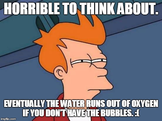 Futurama Fry Meme | HORRIBLE TO THINK ABOUT. EVENTUALLY THE WATER RUNS OUT OF OXYGEN IF YOU DON'T HAVE THE BUBBLES. :( | image tagged in memes,futurama fry | made w/ Imgflip meme maker