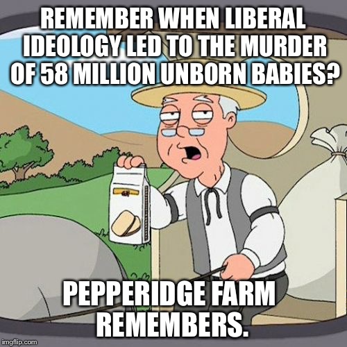 Pepperidge Farm Remembers Meme | REMEMBER WHEN LIBERAL IDEOLOGY LED TO THE MURDER OF 58 MILLION UNBORN BABIES? PEPPERIDGE FARM REMEMBERS. | image tagged in memes,pepperidge farm remembers,left wing,politics,abortion,pro life | made w/ Imgflip meme maker