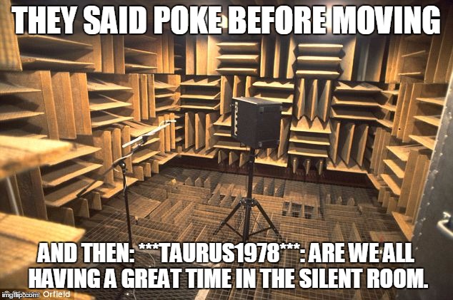 silent room | THEY SAID POKE BEFORE MOVING; AND THEN: ***TAURUS1978***: ARE WE ALL HAVING A GREAT TIME IN THE SILENT ROOM. | image tagged in silent room | made w/ Imgflip meme maker