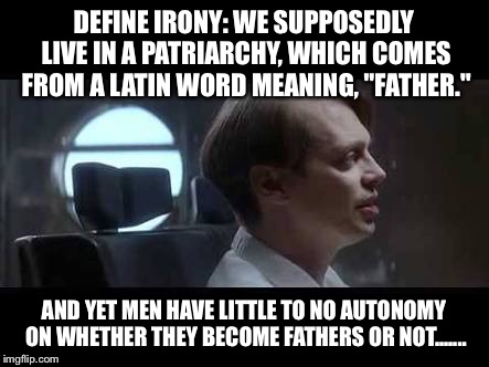 Steve Buscemi Irony | DEFINE IRONY: WE SUPPOSEDLY LIVE IN A PATRIARCHY, WHICH COMES FROM A LATIN WORD MEANING, "FATHER."; AND YET MEN HAVE LITTLE TO NO AUTONOMY ON WHETHER THEY BECOME FATHERS OR NOT....... | image tagged in steve buscemi irony | made w/ Imgflip meme maker
