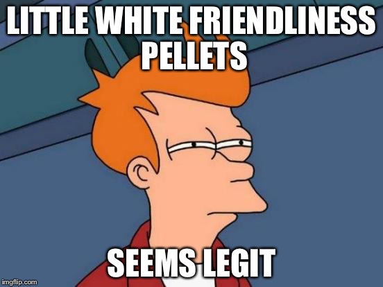 1st time undertale players | LITTLE WHITE FRIENDLINESS PELLETS; SEEMS LEGIT | image tagged in memes,futurama fry | made w/ Imgflip meme maker