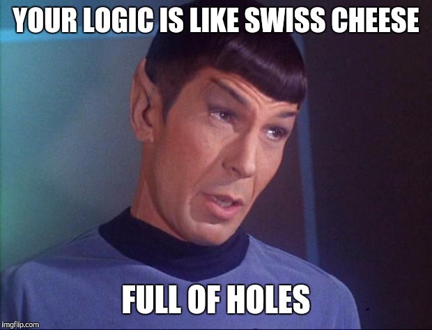 Spock | YOUR LOGIC IS LIKE SWISS CHEESE; FULL OF HOLES | image tagged in spock,memes,star trek | made w/ Imgflip meme maker