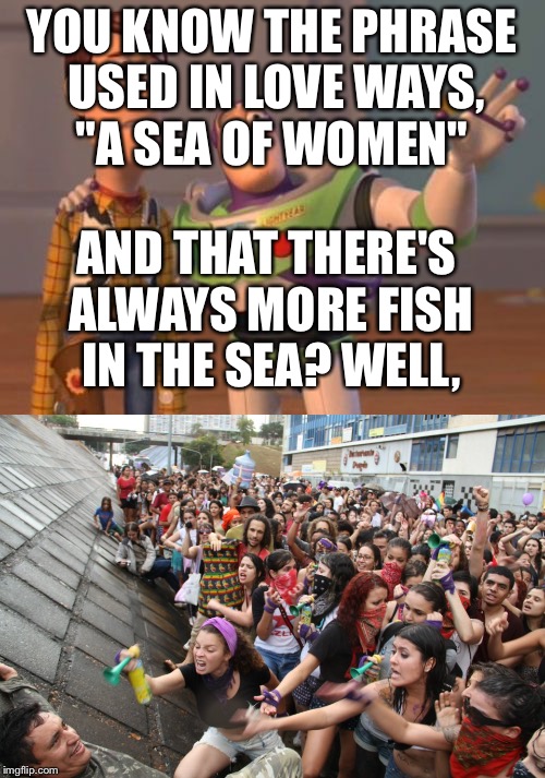 Every since trump won | YOU KNOW THE PHRASE USED IN LOVE WAYS, "A SEA OF WOMEN"; AND THAT THERE'S ALWAYS MORE FISH IN THE SEA? WELL, | image tagged in feminist,look at all these | made w/ Imgflip meme maker