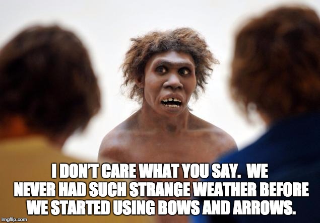 Neanderthal Dafuq | I DON’T CARE WHAT YOU SAY.  WE NEVER HAD SUCH STRANGE WEATHER BEFORE WE STARTED USING BOWS AND ARROWS. | image tagged in neanderthal dafuq | made w/ Imgflip meme maker