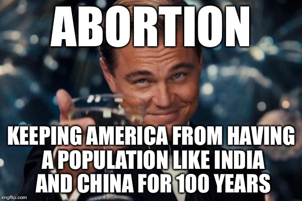 Leonardo Dicaprio Cheers Meme | ABORTION KEEPING AMERICA FROM HAVING A POPULATION LIKE INDIA AND CHINA FOR 100 YEARS | image tagged in memes,leonardo dicaprio cheers | made w/ Imgflip meme maker