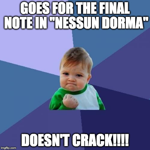 Success Kid | GOES FOR THE FINAL NOTE IN "NESSUN DORMA"; DOESN'T CRACK!!!! | image tagged in memes,success kid | made w/ Imgflip meme maker