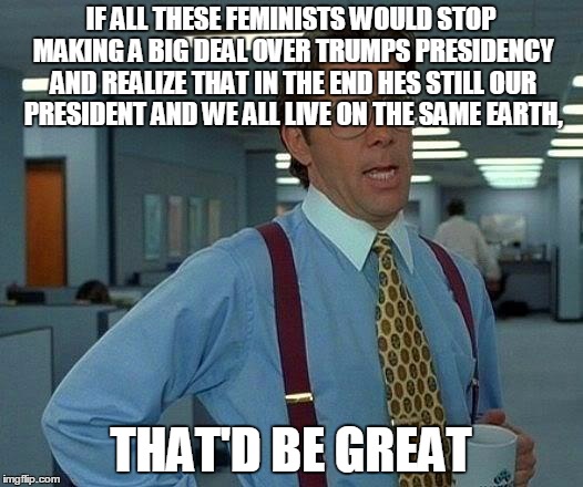 That Would Be Great Meme | IF ALL THESE FEMINISTS WOULD STOP MAKING A BIG DEAL OVER TRUMPS PRESIDENCY AND REALIZE THAT IN THE END HES STILL OUR PRESIDENT AND WE ALL LIVE ON THE SAME EARTH, THAT'D BE GREAT | image tagged in memes,that would be great | made w/ Imgflip meme maker