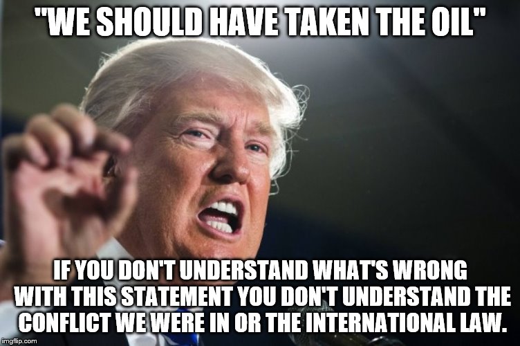 donald trump | "WE SHOULD HAVE TAKEN THE OIL"; IF YOU DON'T UNDERSTAND WHAT'S WRONG WITH THIS STATEMENT YOU DON'T UNDERSTAND THE CONFLICT WE WERE IN OR THE INTERNATIONAL LAW. | image tagged in donald trump | made w/ Imgflip meme maker