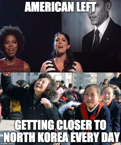 The picture above is SNL mourning the loss of Obama's presidency. The picture below it are women attending required mourning gat |  AMERICAN LEFT; GETTING CLOSER TO NORTH KOREA EVERY DAY | image tagged in obama,north korea,kim jong il,president,politics,democrats | made w/ Imgflip meme maker