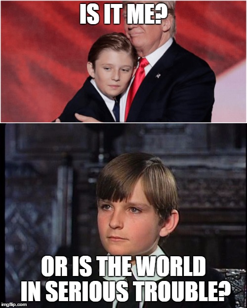 Trouble on the way. | IS IT ME? OR IS THE WORLD IN SERIOUS TROUBLE? | image tagged in damien,barron trump,trump,donald trump | made w/ Imgflip meme maker