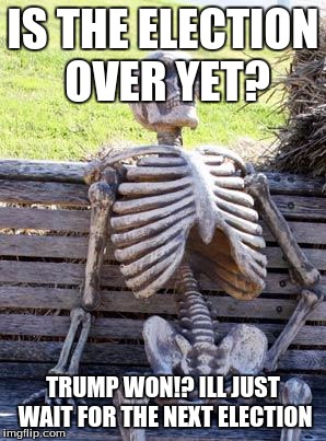 Waiting Skeleton | IS THE ELECTION OVER YET? TRUMP WON!? ILL JUST WAIT FOR THE NEXT ELECTION | image tagged in memes,waiting skeleton | made w/ Imgflip meme maker