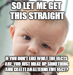 Skeptical Baby Meme | SO LET ME GET THIS STRAIGHT; IF YOU DON'T LIKE WHAT THE FACTS ARE, YOU JUST MAKE UP SOMETHING AND CALL IT AN ALTERNATIVE FACT? | image tagged in memes,skeptical baby | made w/ Imgflip meme maker