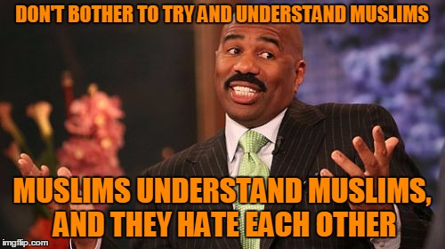 DON'T BOTHER TO TRY AND UNDERSTAND MUSLIMS MUSLIMS UNDERSTAND MUSLIMS, AND THEY HATE EACH OTHER | image tagged in memes,steve harvey | made w/ Imgflip meme maker