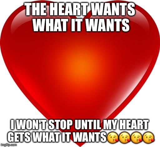 My heart | THE HEART WANTS WHAT IT WANTS; I WON'T STOP UNTIL MY HEART GETS WHAT IT WANTS😘😘😘😘 | image tagged in my heart | made w/ Imgflip meme maker
