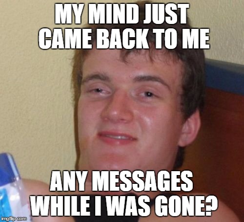 10 Guy | MY MIND JUST CAME BACK TO ME; ANY MESSAGES WHILE I WAS GONE? | image tagged in memes,10 guy | made w/ Imgflip meme maker