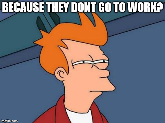 Futurama Fry Meme | BECAUSE THEY DONT GO TO WORK? | image tagged in memes,futurama fry | made w/ Imgflip meme maker