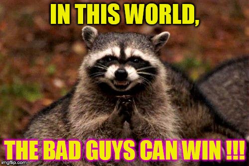 Evil Plotting Raccoon Meme | IN THIS WORLD, THE BAD GUYS CAN WIN !!! | image tagged in memes,evil plotting raccoon | made w/ Imgflip meme maker