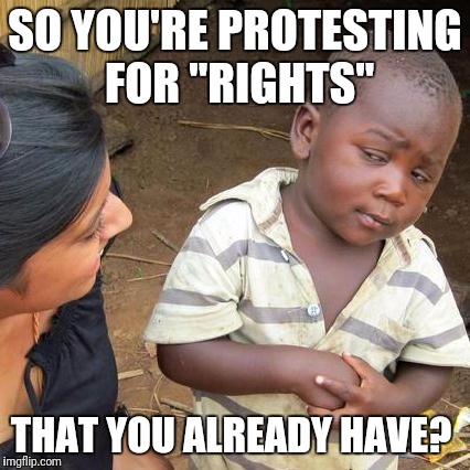 Ah, you just want someone else to pay for it | SO YOU'RE PROTESTING FOR "RIGHTS"; THAT YOU ALREADY HAVE? | image tagged in memes,third world skeptical kid | made w/ Imgflip meme maker