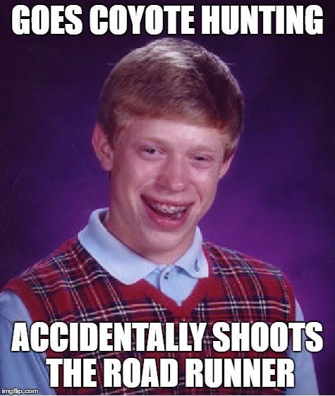 Bad Luck Brian Meme | GOES COYOTE HUNTING ACCIDENTALLY SHOOTS THE ROAD RUNNER | image tagged in memes,bad luck brian | made w/ Imgflip meme maker