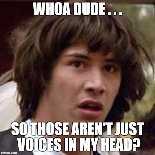 Conspiracy Keanu Meme | WHOA DUDE . . . SO THOSE AREN'T JUST VOICES IN MY HEAD? | image tagged in memes,conspiracy keanu | made w/ Imgflip meme maker