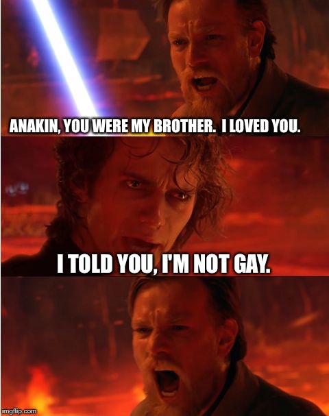 Lost anakin | ANAKIN, YOU WERE MY BROTHER.  I LOVED YOU. I TOLD YOU, I'M NOT GAY. | image tagged in lost anakin | made w/ Imgflip meme maker