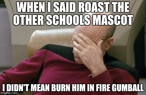 Captain Picard Facepalm | WHEN I SAID ROAST THE OTHER SCHOOLS MASCOT; I DIDN'T MEAN BURN HIM IN FIRE GUMBALL | image tagged in memes,captain picard facepalm | made w/ Imgflip meme maker