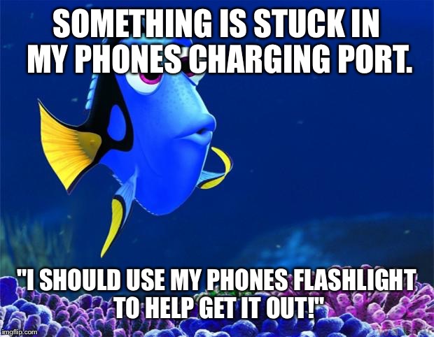 Dory | SOMETHING IS STUCK IN MY PHONES CHARGING PORT. "I SHOULD USE MY PHONES FLASHLIGHT TO HELP GET IT OUT!" | image tagged in dory | made w/ Imgflip meme maker