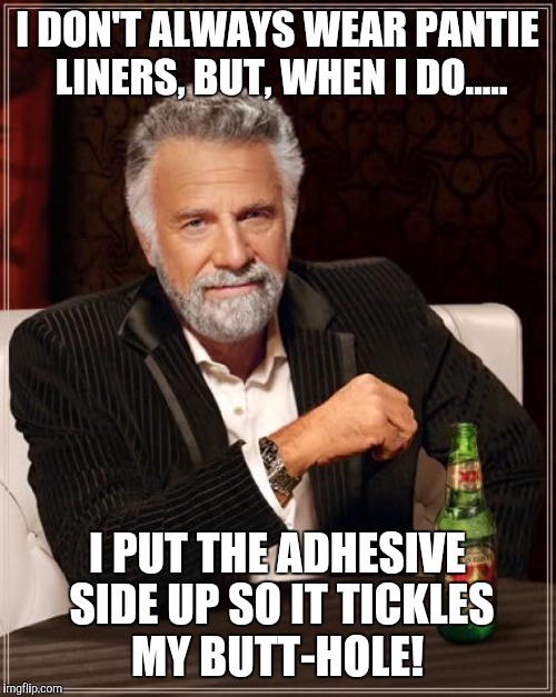 The Most Interesting Man In The World | I DON'T ALWAYS WEAR PANTIE LINERS, BUT, WHEN I DO..... I PUT THE ADHESIVE SIDE UP SO IT TICKLES MY BUTT-HOLE! | image tagged in memes,the most interesting man in the world | made w/ Imgflip meme maker
