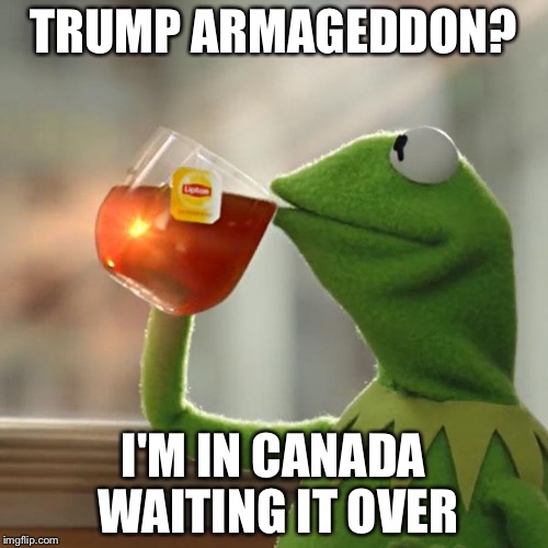 But That's None Of My Business Meme | TRUMP ARMAGEDDON? I'M IN CANADA WAITING IT OVER | image tagged in memes,but thats none of my business,kermit the frog | made w/ Imgflip meme maker