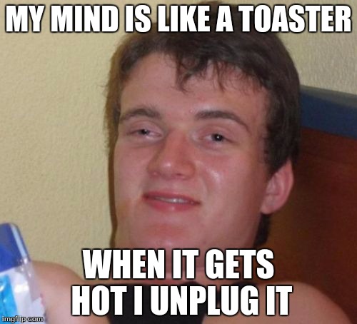 10 Guy | MY MIND IS LIKE A TOASTER; WHEN IT GETS HOT I UNPLUG IT | image tagged in memes,10 guy | made w/ Imgflip meme maker