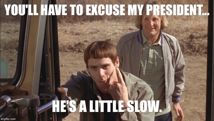 Trump dumb and dumber | YOU'LL HAVE TO EXCUSE MY PRESIDENT... HE'S A LITTLE SLOW. | image tagged in donald trump | made w/ Imgflip meme maker