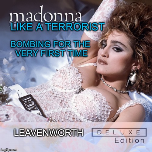 Includes Special Bonus: Madonna's complete fascist manifesto | LIKE A TERRORIST; BOMBING FOR THE VERY FIRST TIME; LEAVENWORTH | image tagged in memes,madonna,federal crime,18 usc 871,blow up white house,terrorist | made w/ Imgflip meme maker