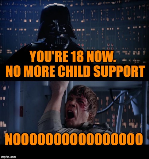 Star Wars No Meme | YOU'RE 18 NOW.  NO MORE CHILD SUPPORT; NOOOOOOOOOOOOOOOO | image tagged in memes,star wars no | made w/ Imgflip meme maker