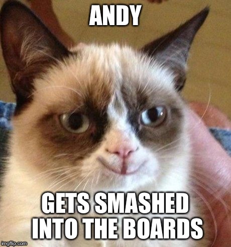 grumpy smile | ANDY GETS SMASHED INTO THE BOARDS | image tagged in grumpy smile | made w/ Imgflip meme maker