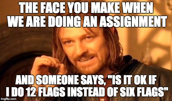One Does Not Simply | THE FACE YOU MAKE WHEN WE ARE DOING AN ASSIGNMENT; AND SOMEONE SAYS, "IS IT OK IF I DO 12 FLAGS INSTEAD OF SIX FLAGS" | image tagged in memes,one does not simply | made w/ Imgflip meme maker