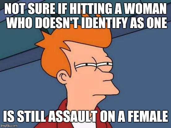 Maybe it depends on if they identify as a woman on that particular day? | NOT SURE IF HITTING A WOMAN WHO DOESN'T IDENTIFY AS ONE; IS STILL ASSAULT ON A FEMALE | image tagged in memes,futurama fry,transgender,tired of hearing about transgenders | made w/ Imgflip meme maker