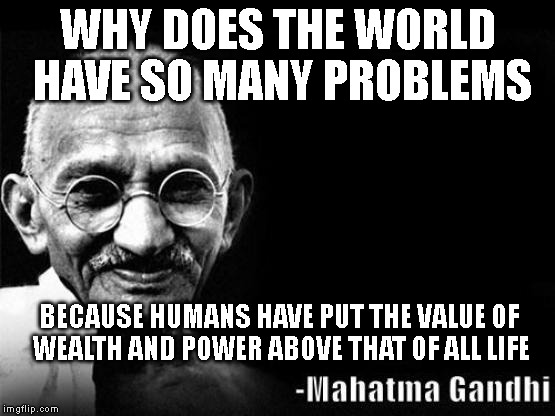 gandhiwrecku | WHY DOES THE WORLD HAVE SO MANY PROBLEMS; BECAUSE HUMANS HAVE PUT THE VALUE OF WEALTH AND POWER ABOVE THAT OF ALL LIFE | image tagged in gandhiwrecku | made w/ Imgflip meme maker